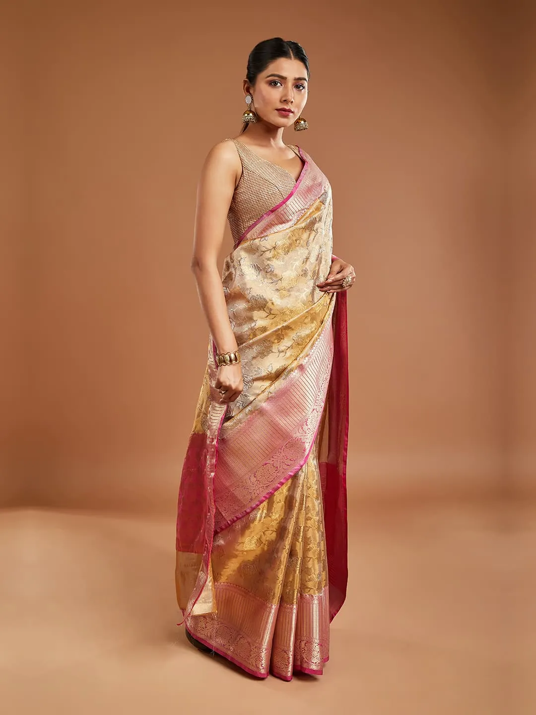 Gorgeous Gold and Pink Border Tissue Saree