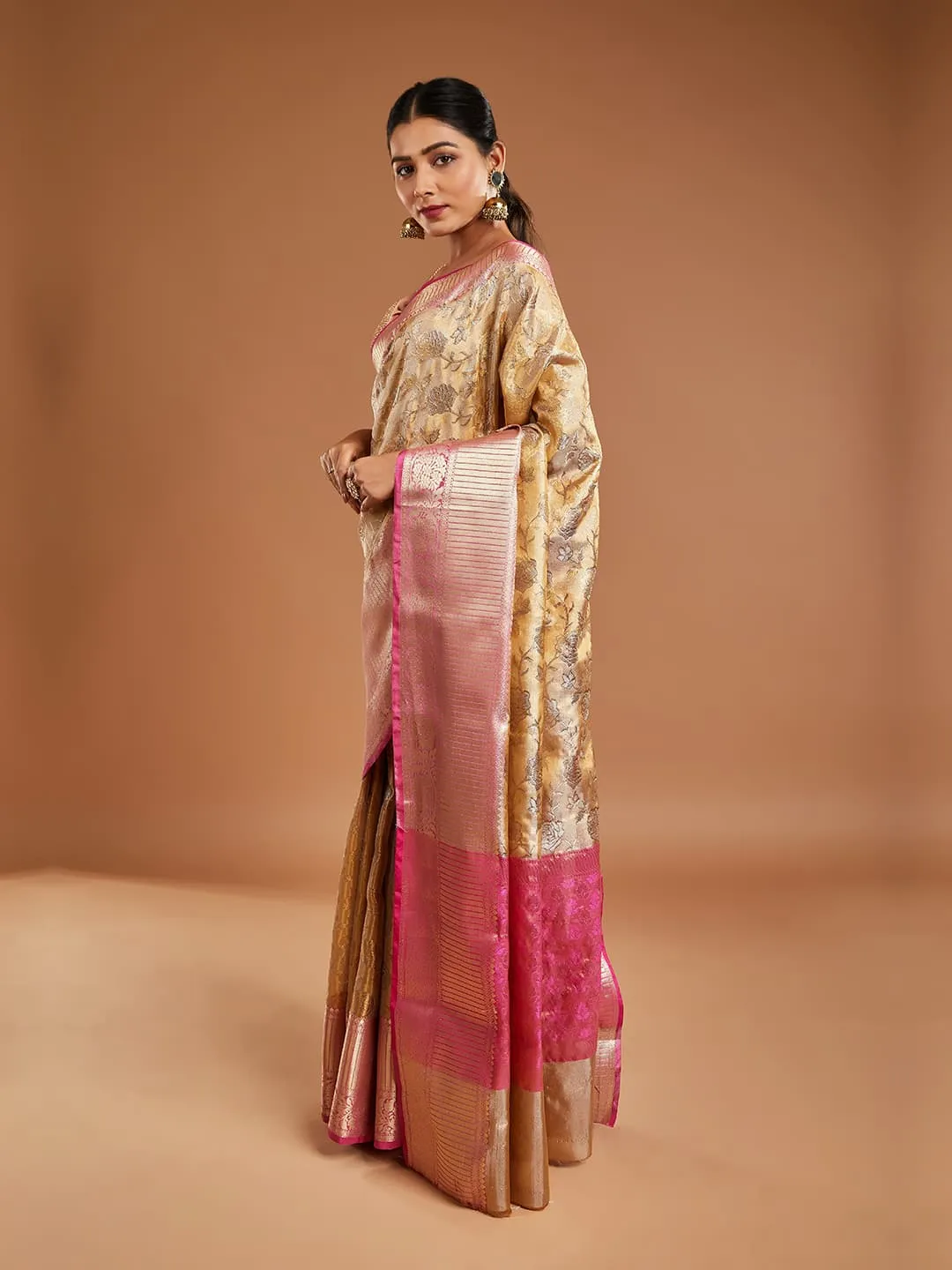 Gorgeous Gold and Pink Border Tissue Saree