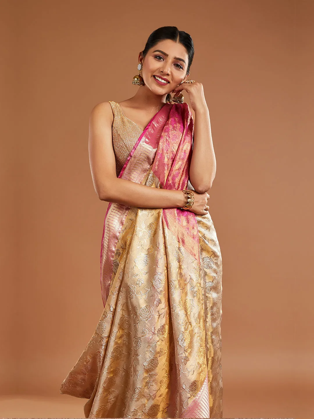 Gorgeous Gold and Pink Border Tissue Saree