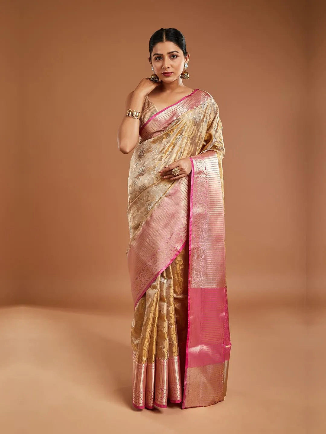 Gorgeous Gold and Pink Border Tissue Saree