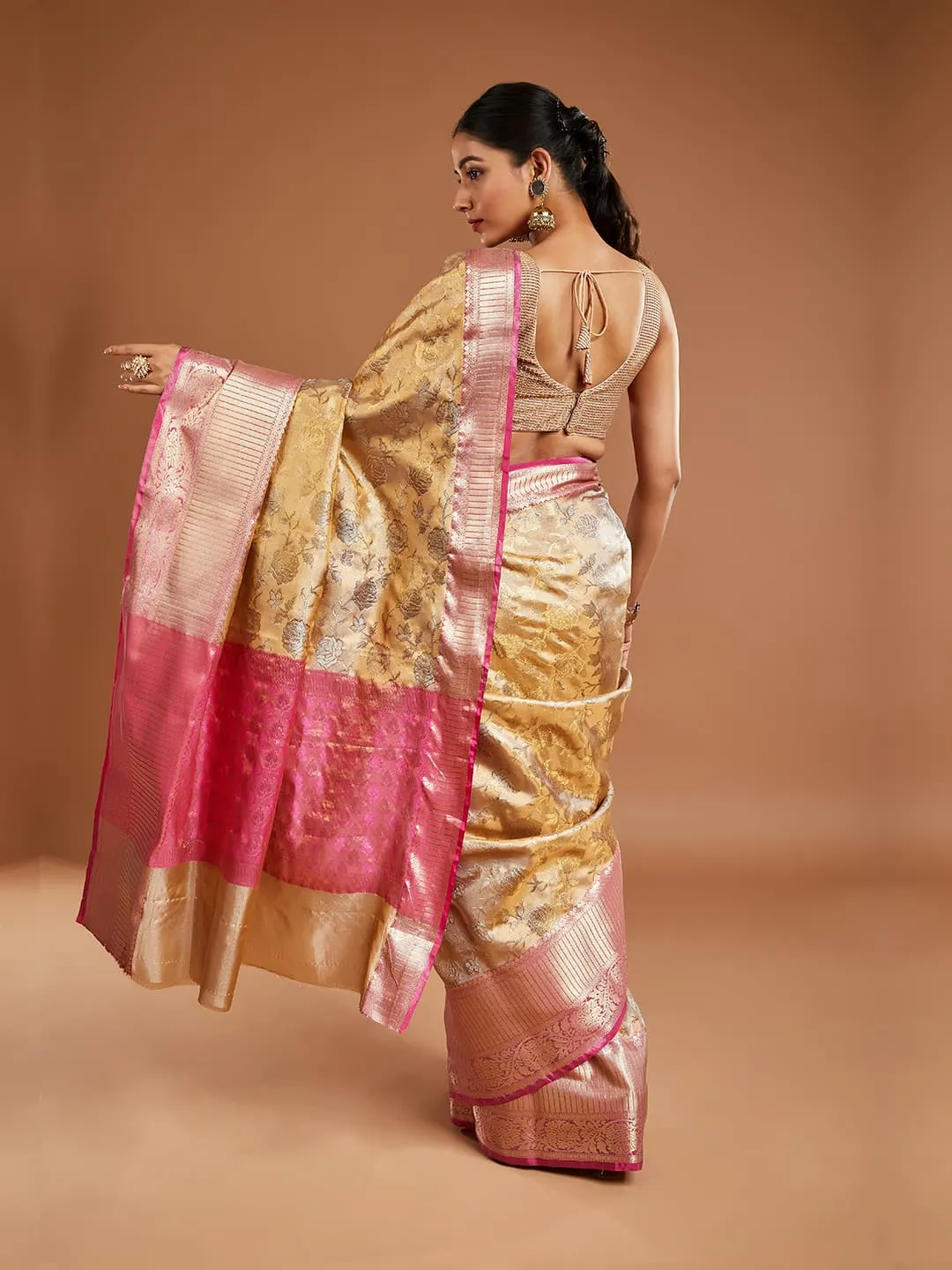 Gorgeous Gold and Pink Border Tissue Saree