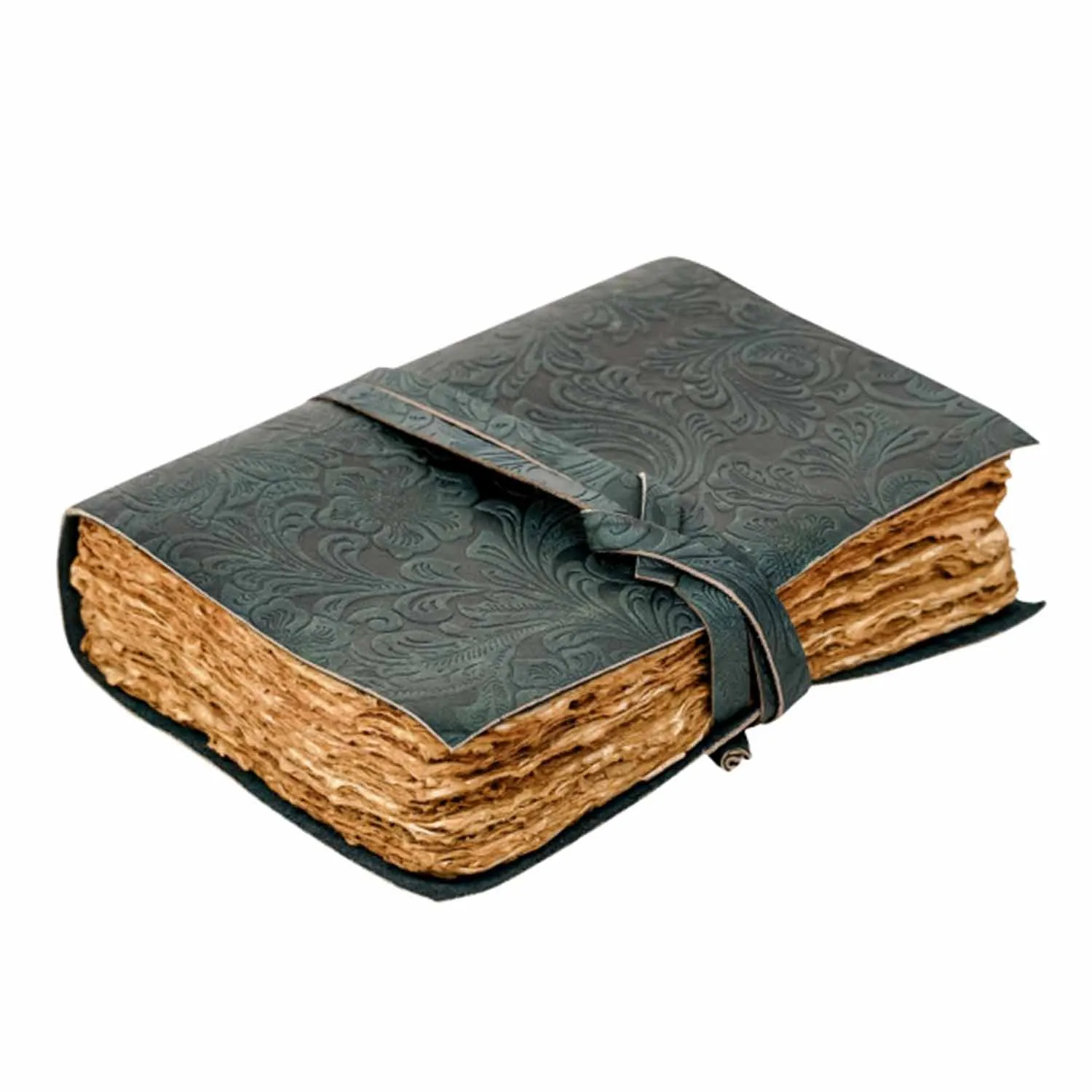 Green Floral Medieval Leather Journal with Antique Paper