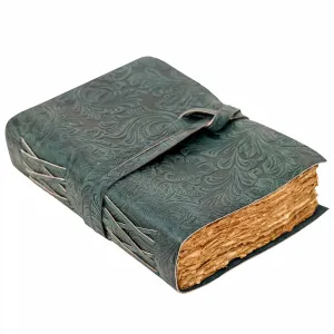 Green Floral Medieval Leather Journal with Antique Paper