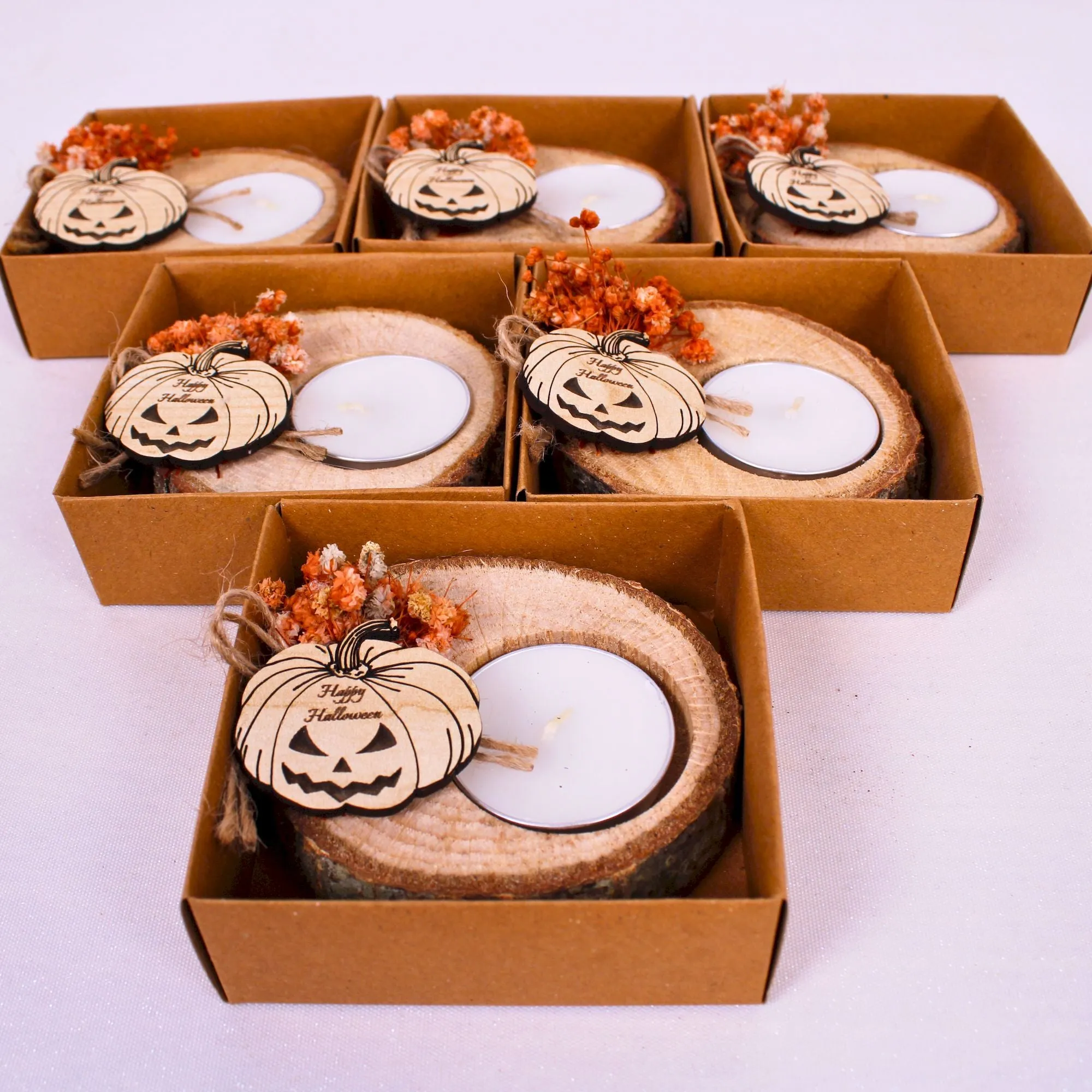 Halloween Candle Favors, Wooden Tealight Holder with Dried Flower