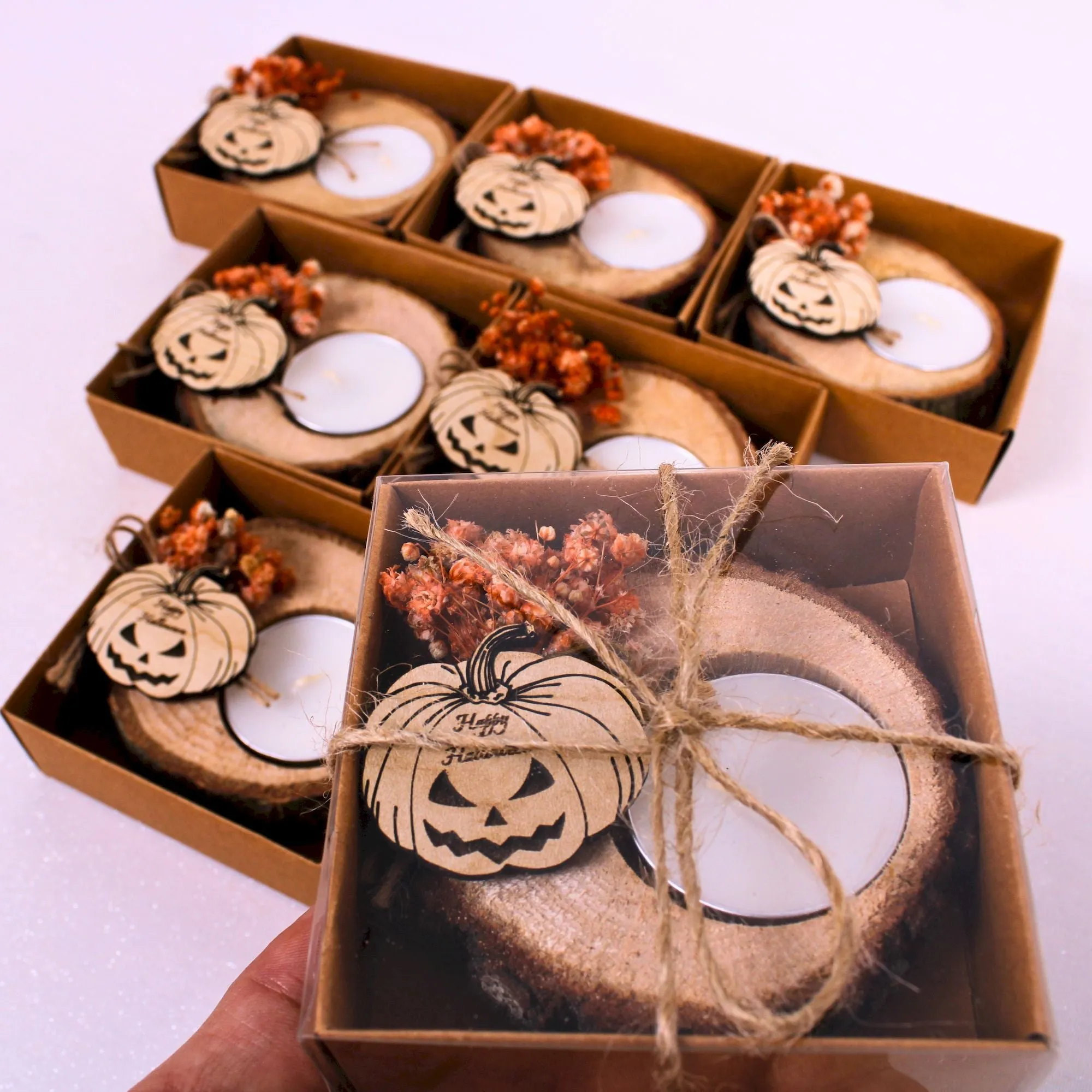Halloween Candle Favors, Wooden Tealight Holder with Dried Flower