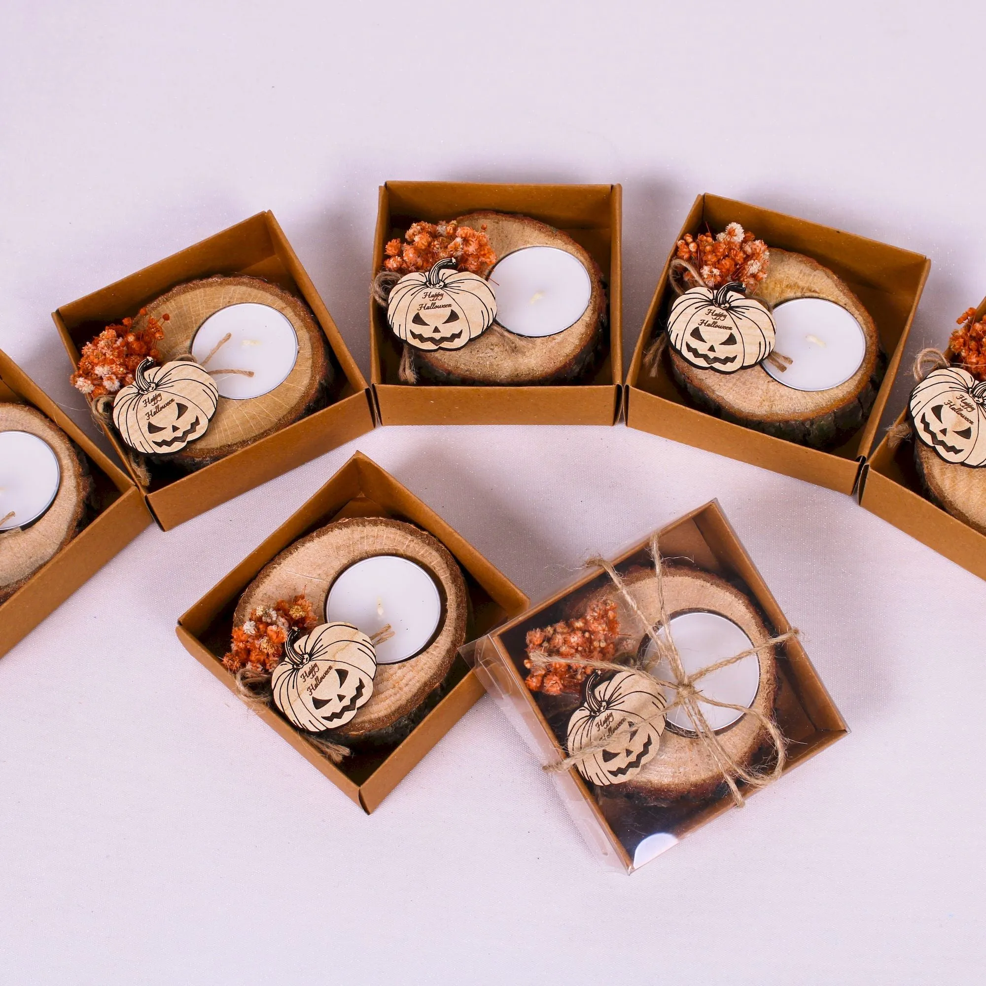 Halloween Candle Favors, Wooden Tealight Holder with Dried Flower