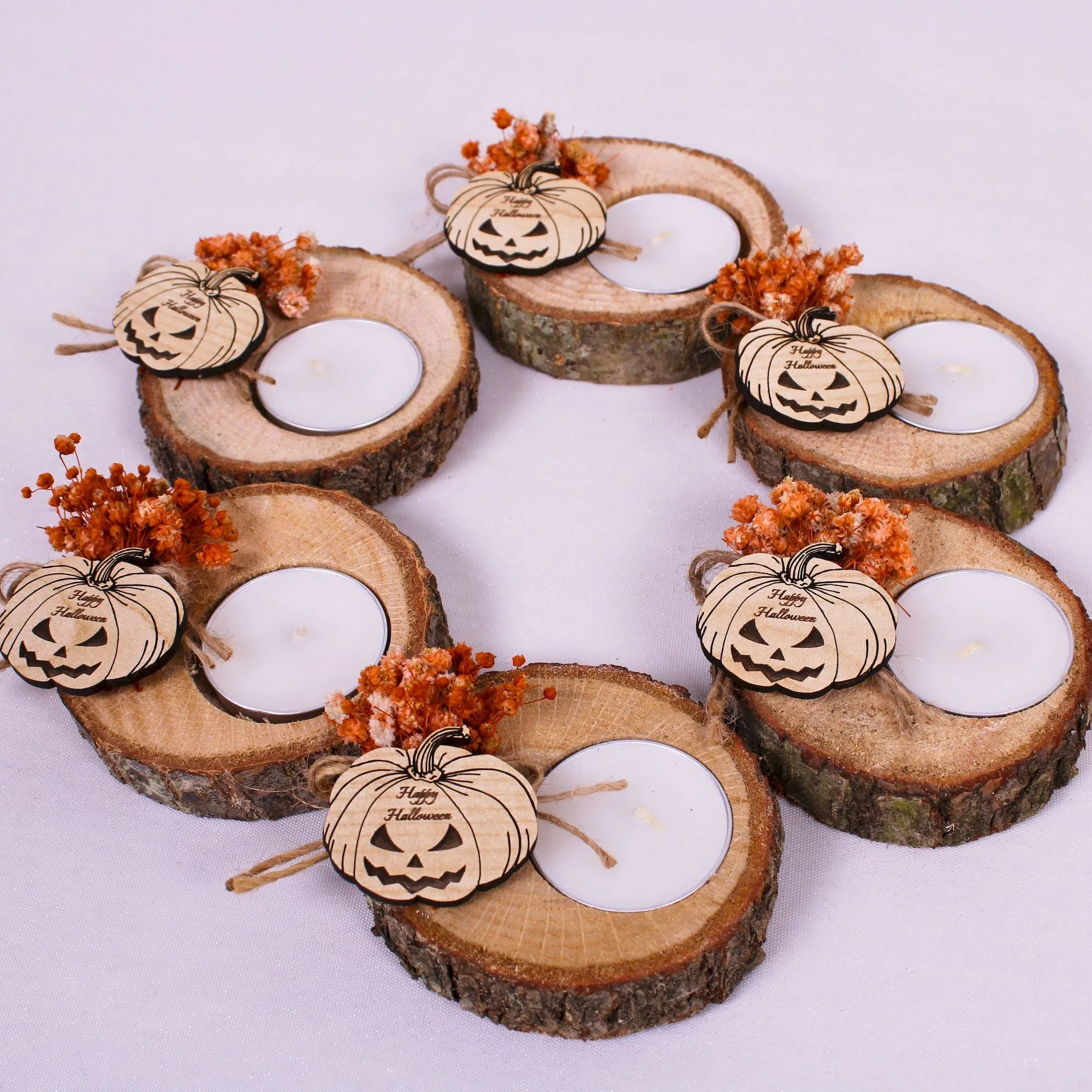Halloween Candle Favors, Wooden Tealight Holder with Dried Flower
