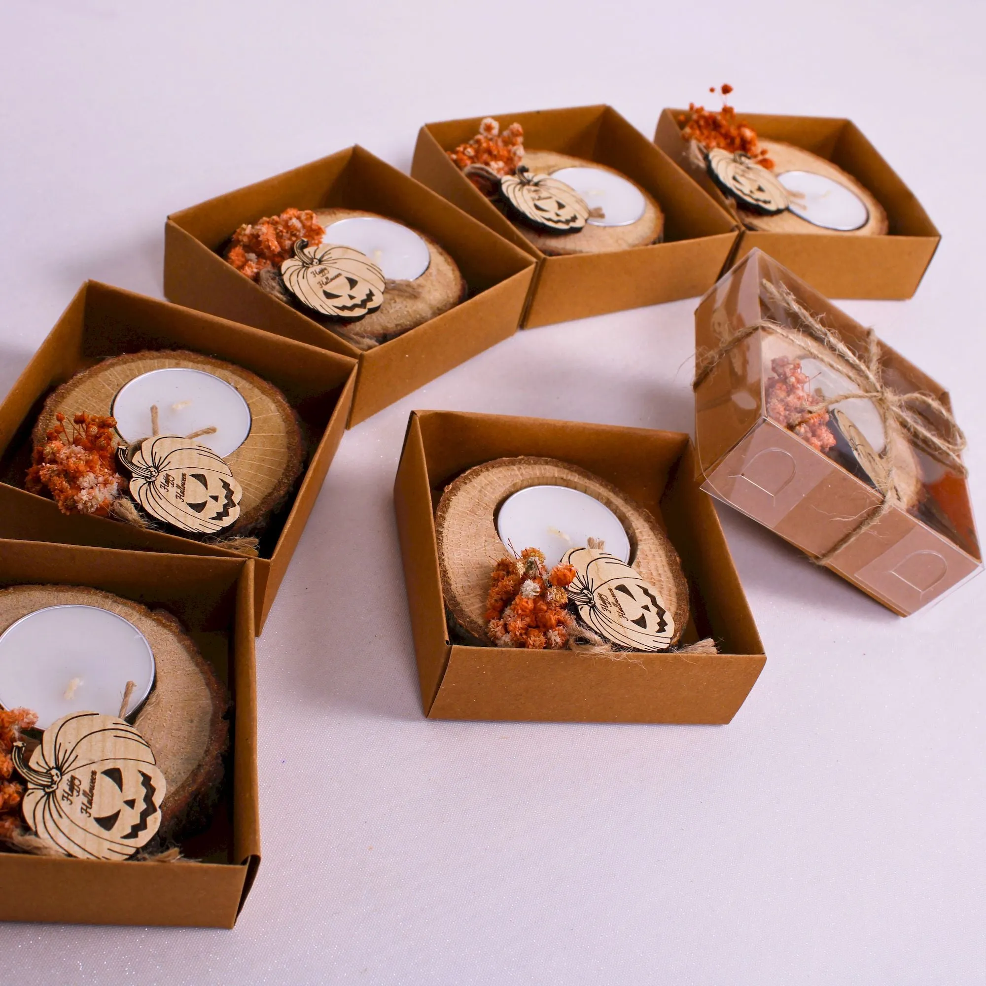 Halloween Candle Favors, Wooden Tealight Holder with Dried Flower