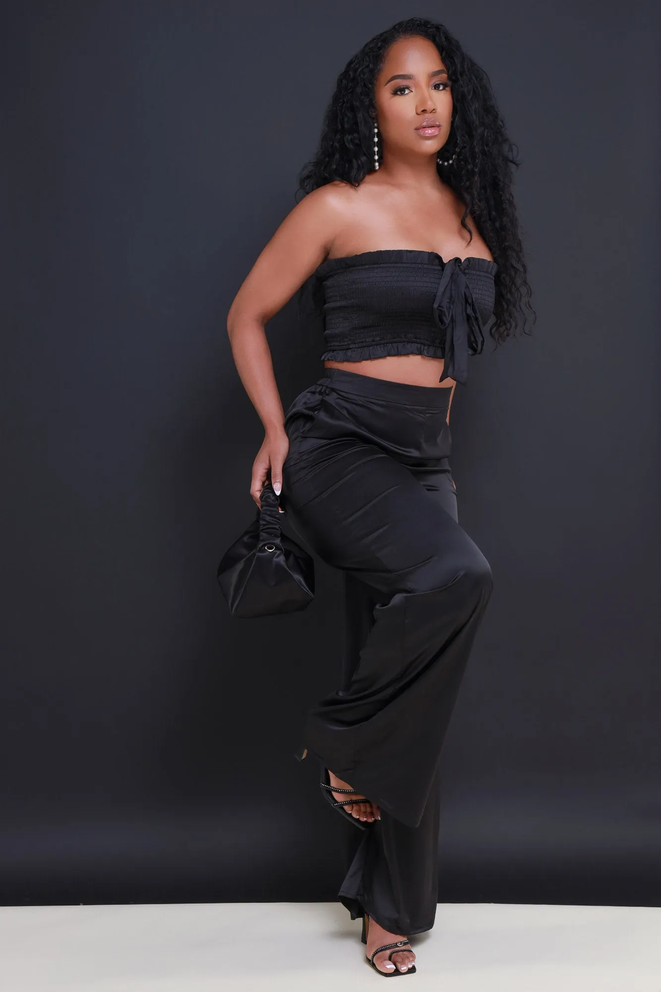 Hold Me Close Satin Cropped Pants Set - Black