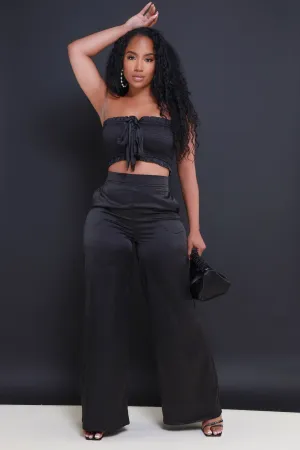 Hold Me Close Satin Cropped Pants Set - Black
