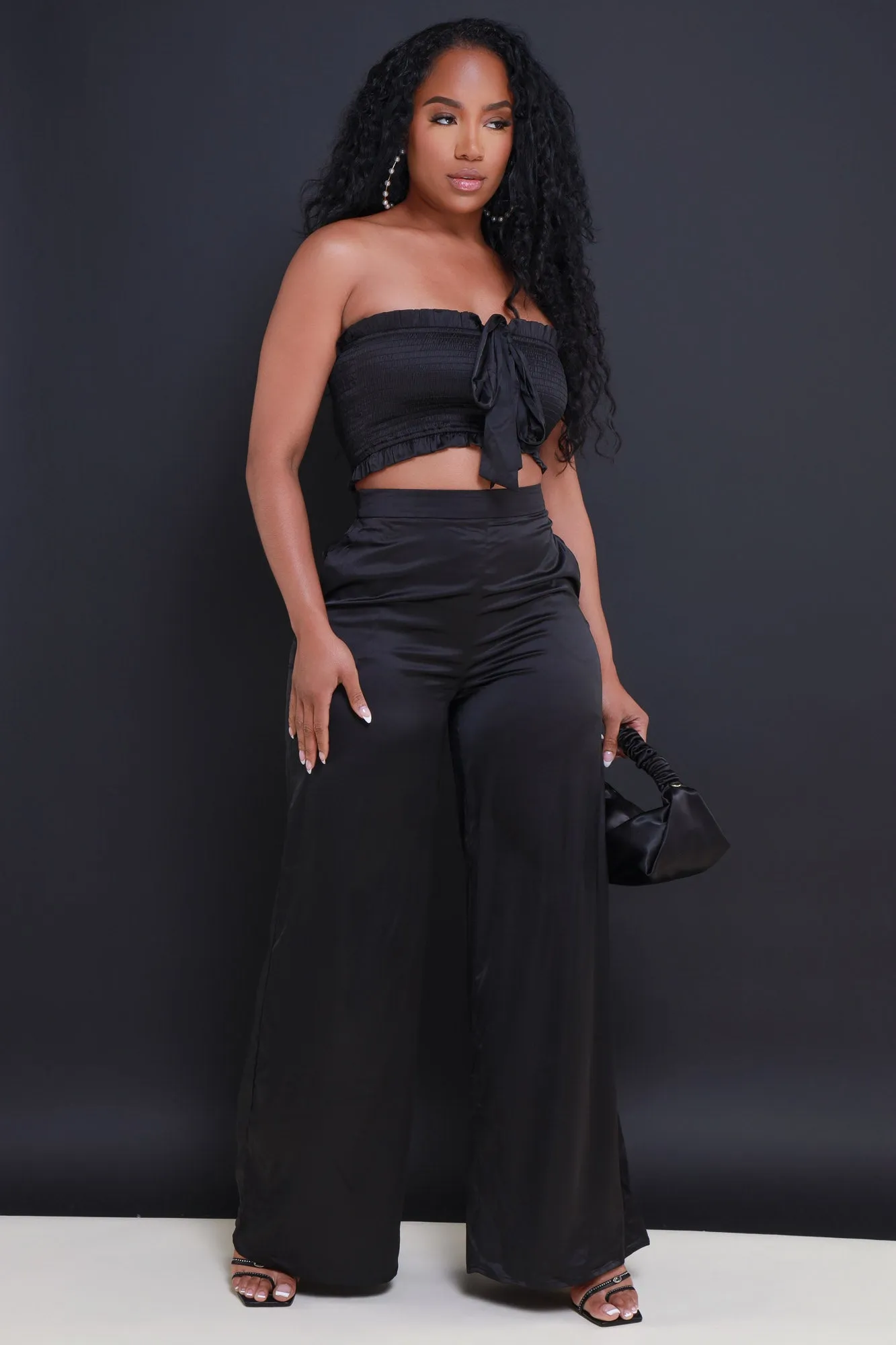 Hold Me Close Satin Cropped Pants Set - Black