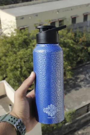 Indian Art Villa Steel Flat  Bottle With Sipper Cap Antique Blue 750 ML