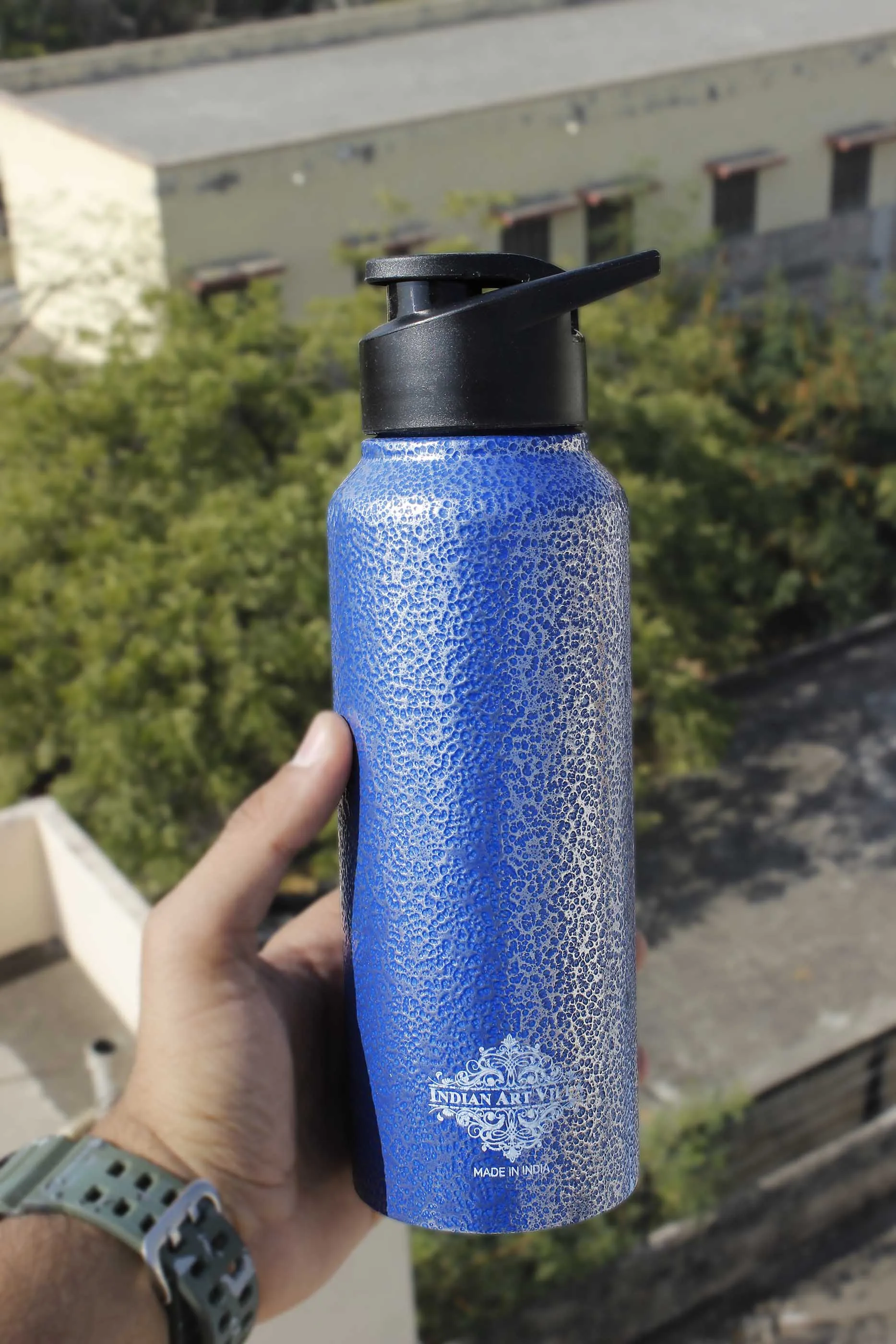Indian Art Villa Steel Flat  Bottle With Sipper Cap Antique Blue 750 ML