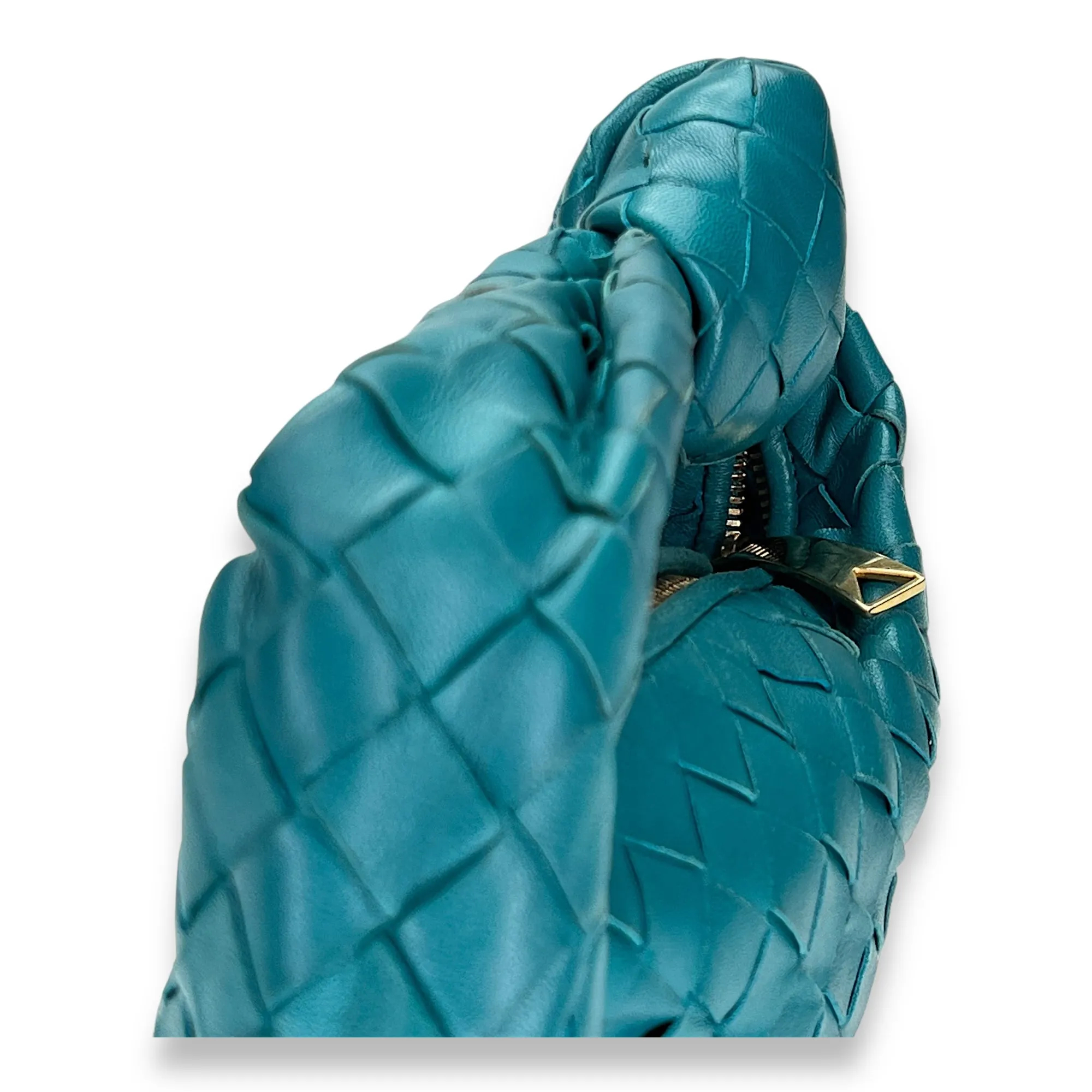 Jodie Mini Blue Shoulder Bag in Intrecciato Leather, Gold hardware
