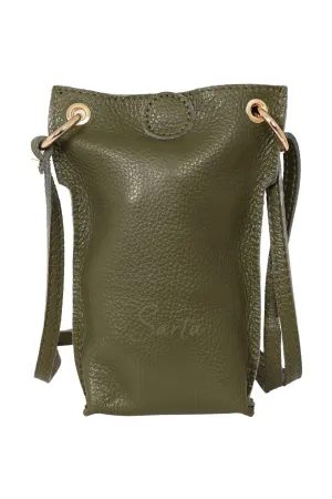 Khaki Italian Leather Crossbody Phone Pouch