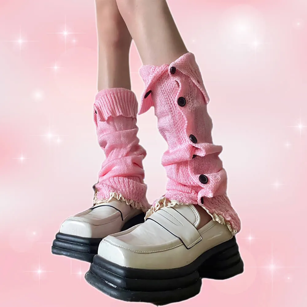 Lace Trim Button Knit Leg Warmers