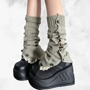 Lace Trim Button Knit Leg Warmers