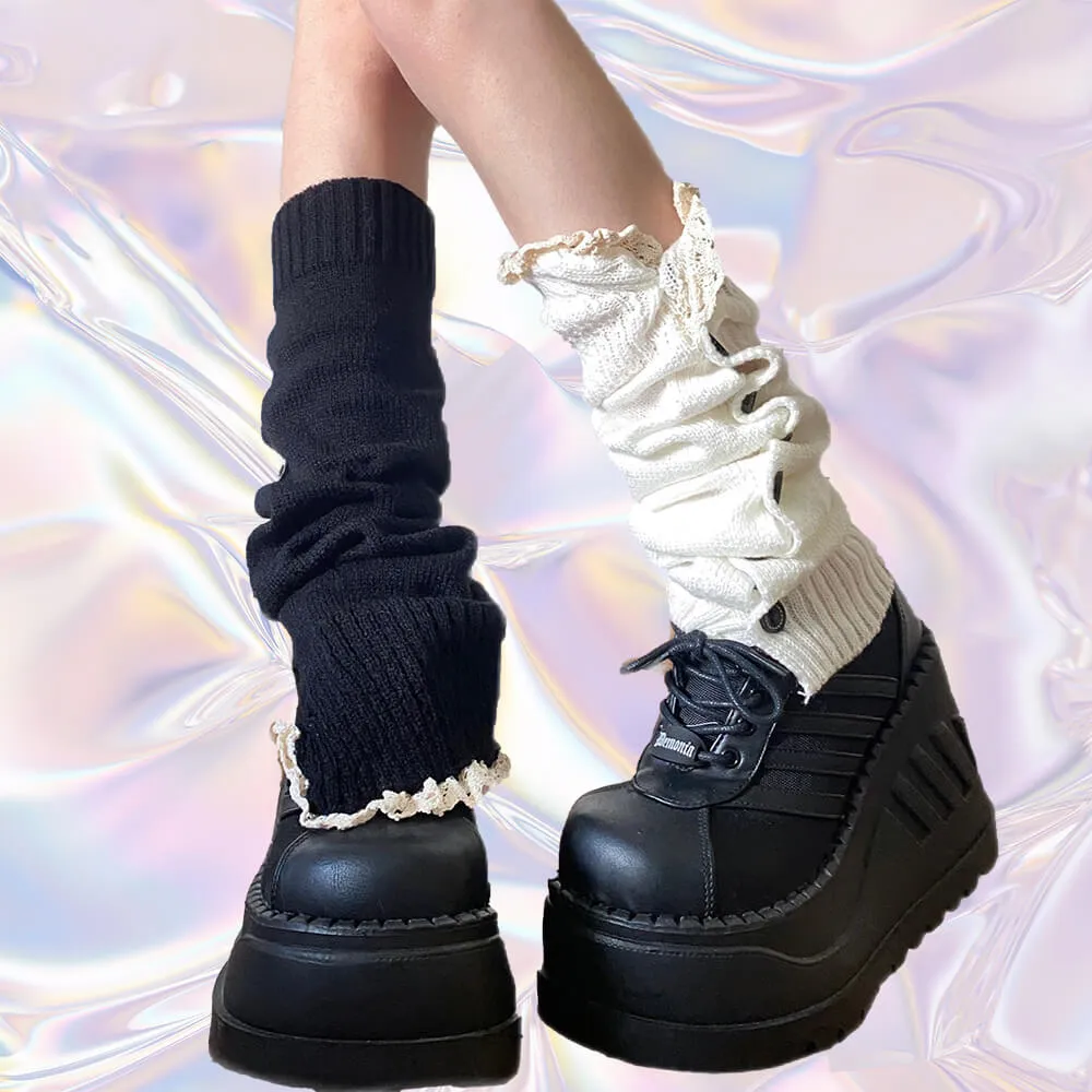 Lace Trim Button Knit Leg Warmers
