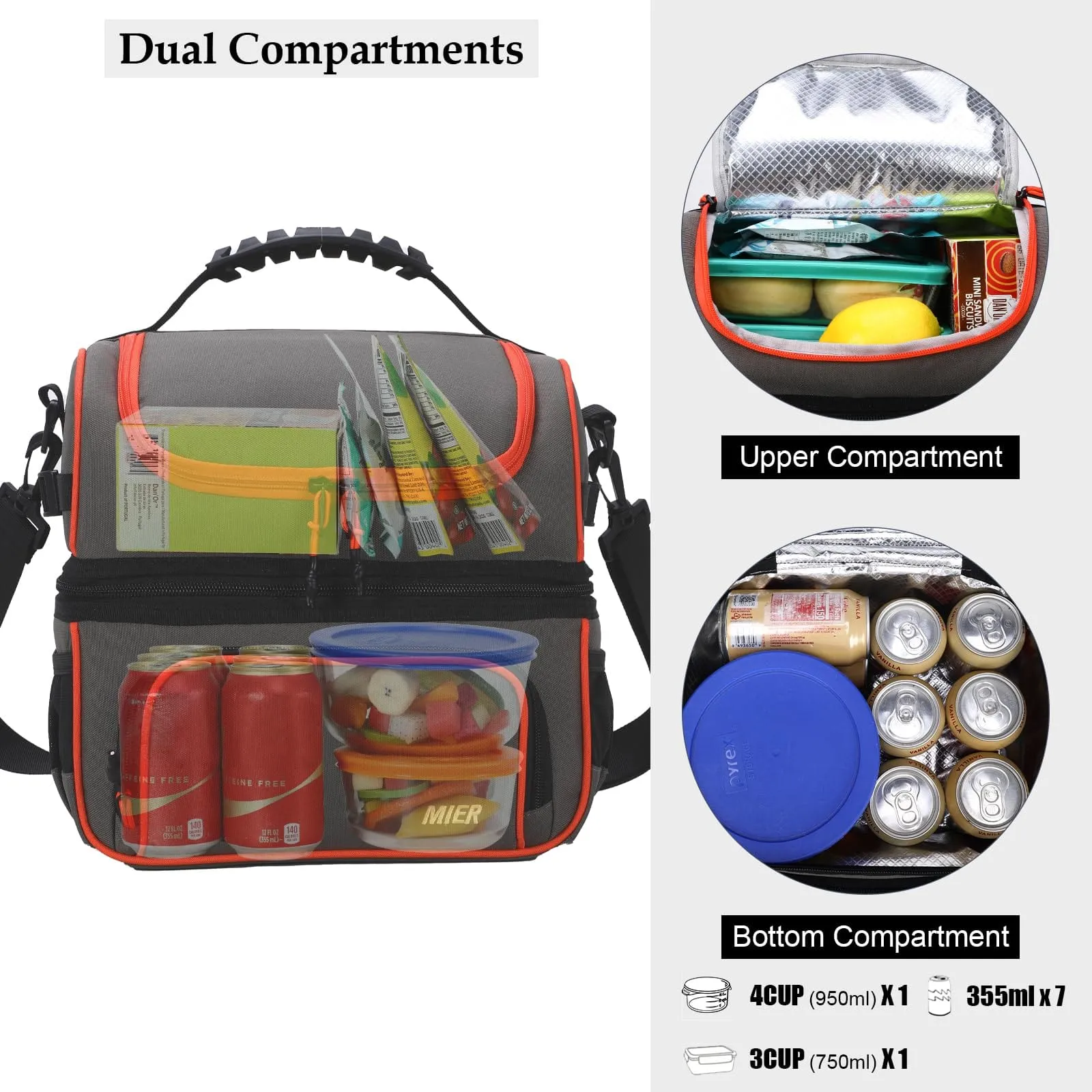 Large Insulated Lunch Bag Cooler Tote Dual Compartment