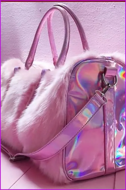 Large Tote Plush Pink Faux Fur Travel Bag F14188