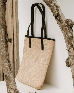 Leather Straw Shoulder Bag Black