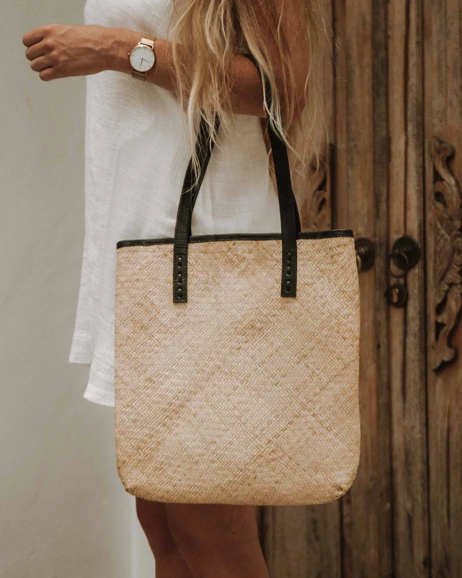 Leather Straw Shoulder Bag Black