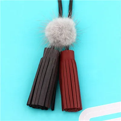 Long Leather Rope Tassel with Mink Fur Necklace