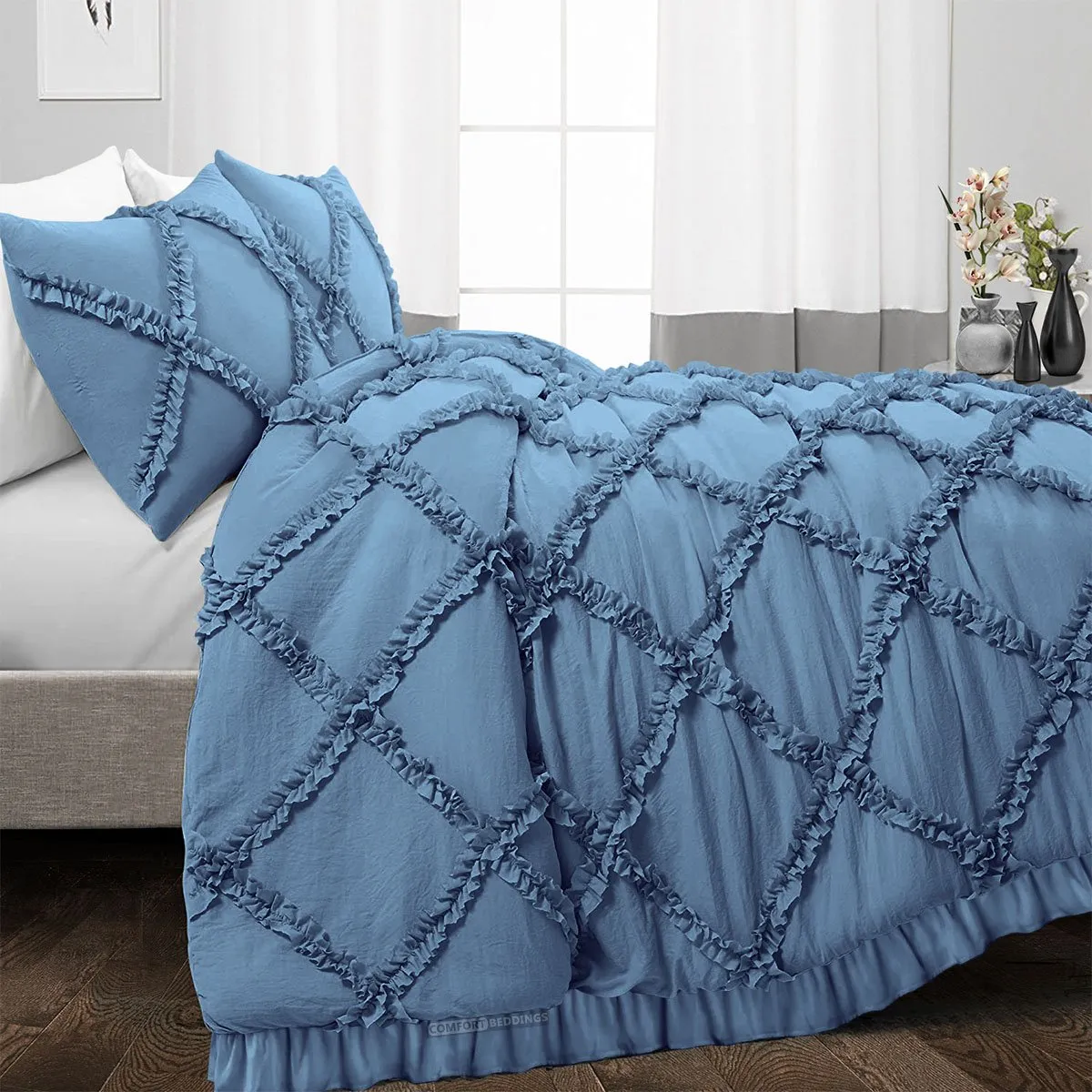 Luxurious Mediterranean Blue Diamond Ruffled Duvet Cover