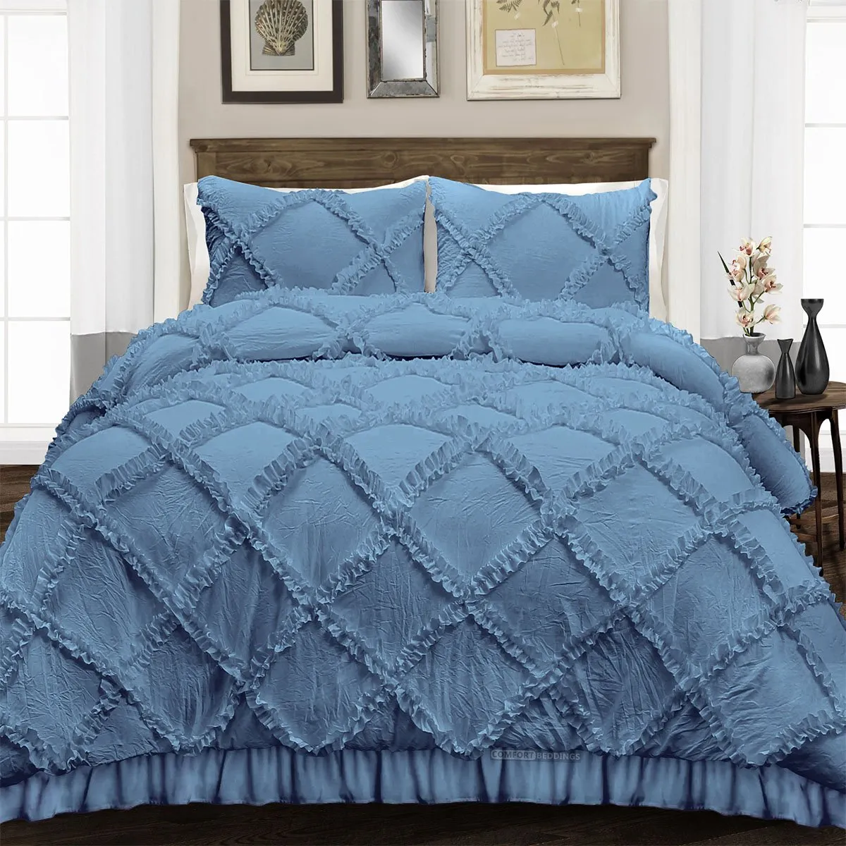 Luxurious Mediterranean Blue Diamond Ruffled Duvet Cover