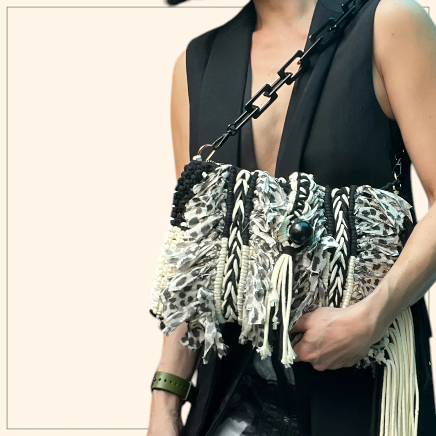 Meng - Monochrome Macrame Clutch & Shoulder Bag