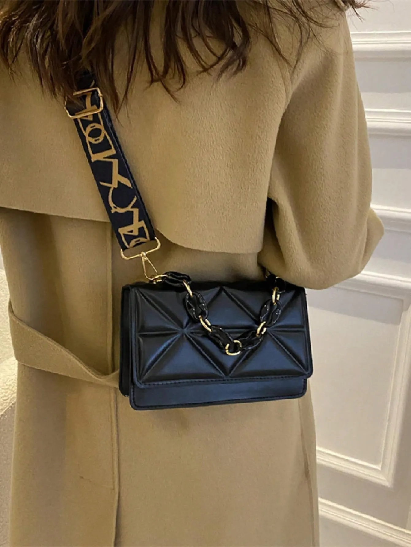 Mini Chain Decor Quilted Flap Embossed Crossbody Bag with Retro Chain