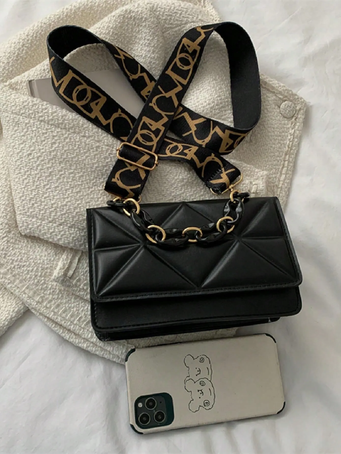 Mini Chain Decor Quilted Flap Embossed Crossbody Bag with Retro Chain