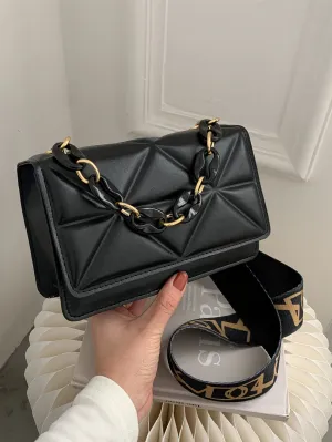 Mini Chain Decor Quilted Flap Embossed Crossbody Bag with Retro Chain