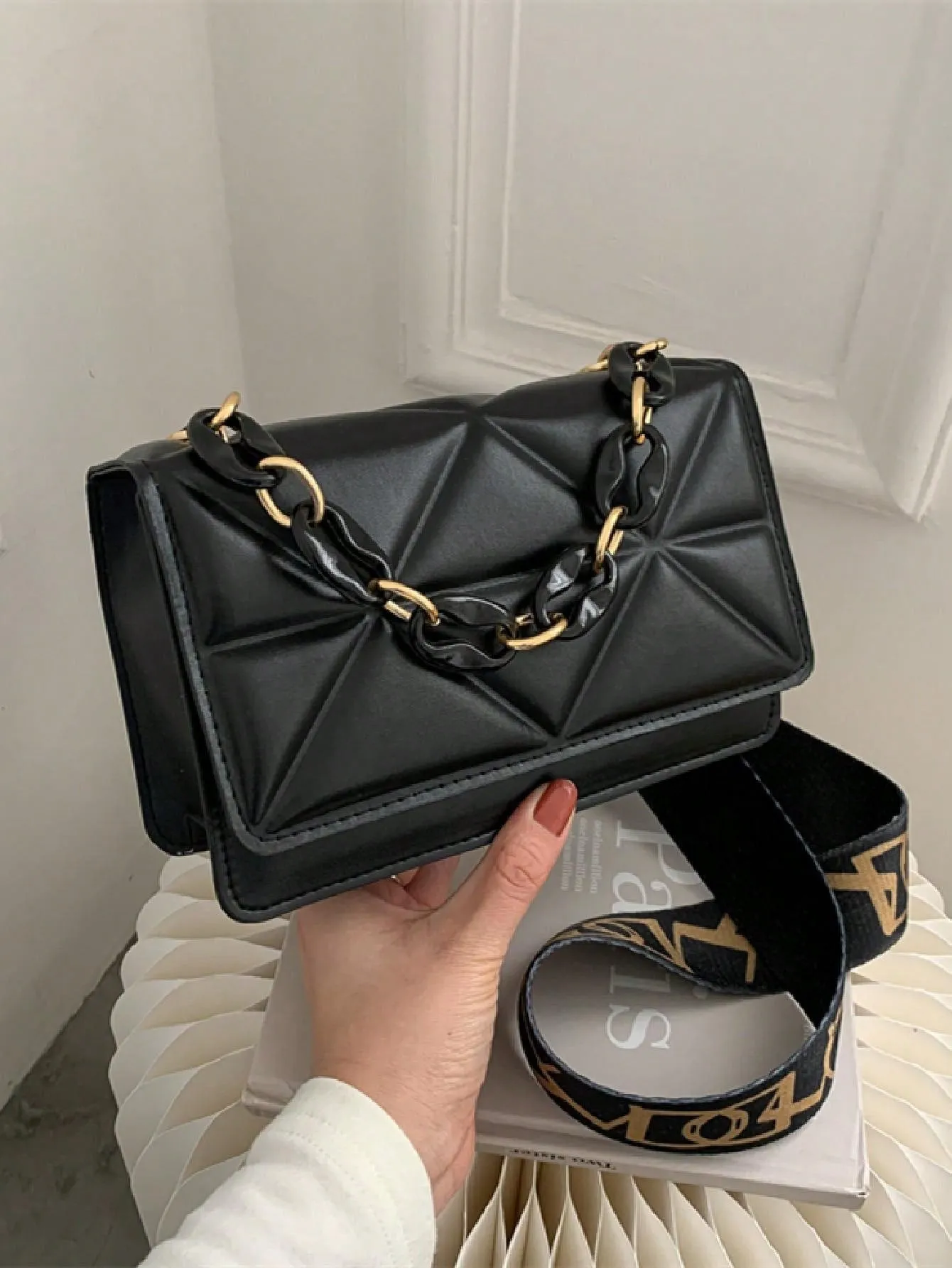Mini Chain Decor Quilted Flap Embossed Crossbody Bag with Retro Chain