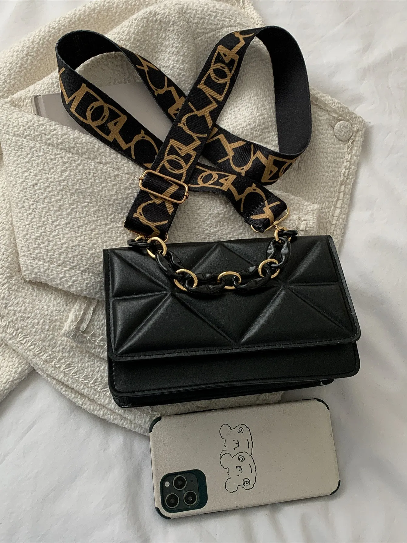 Mini Chain Decor Quilted Flap Embossed Crossbody Bag with Retro Chain