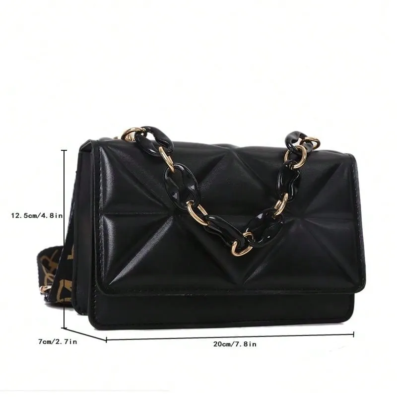 Mini Chain Decor Quilted Flap Embossed Crossbody Bag with Retro Chain