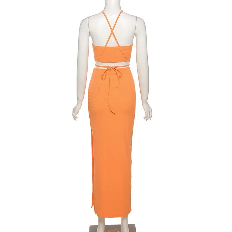 Orange Twisted Cut Out Skirt Set