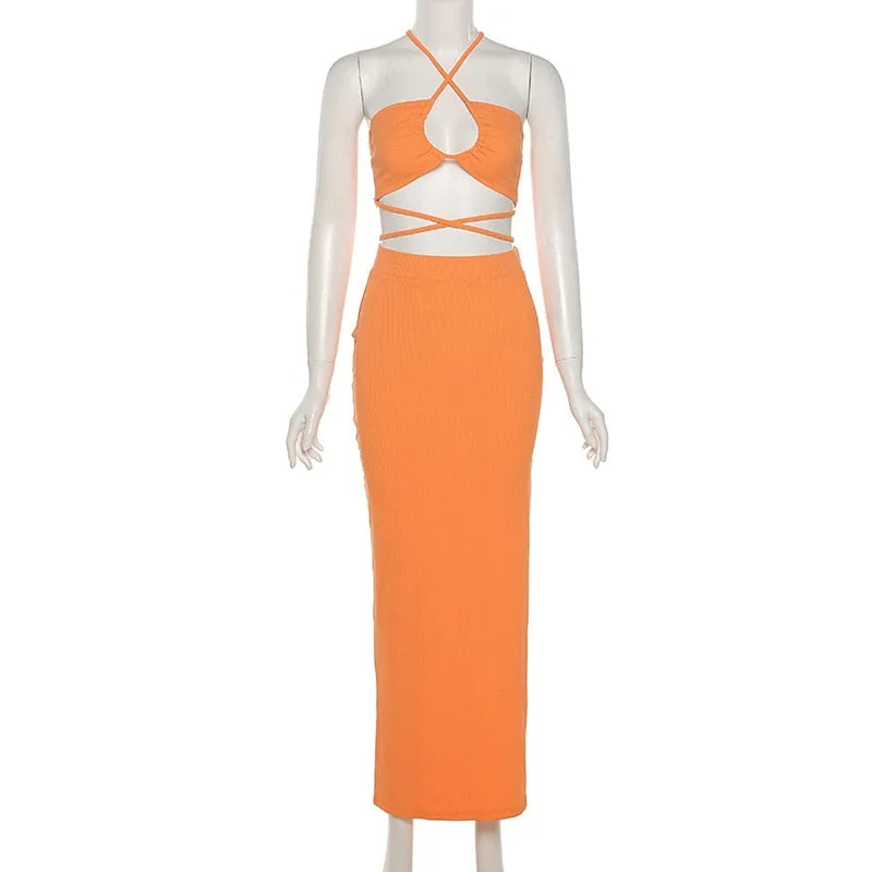 Orange Twisted Cut Out Skirt Set