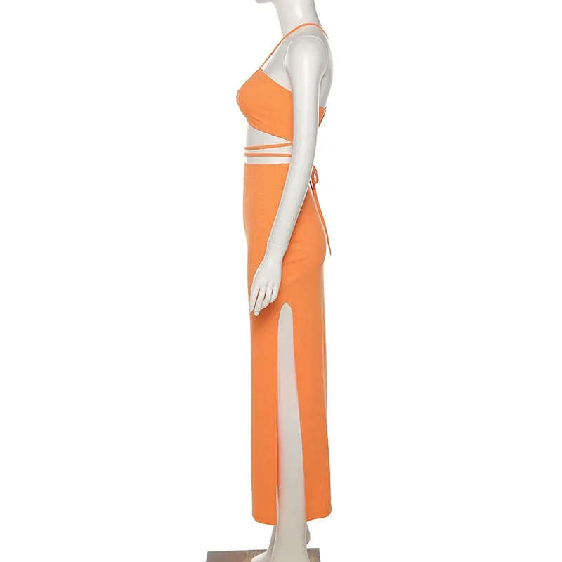Orange Twisted Cut Out Skirt Set