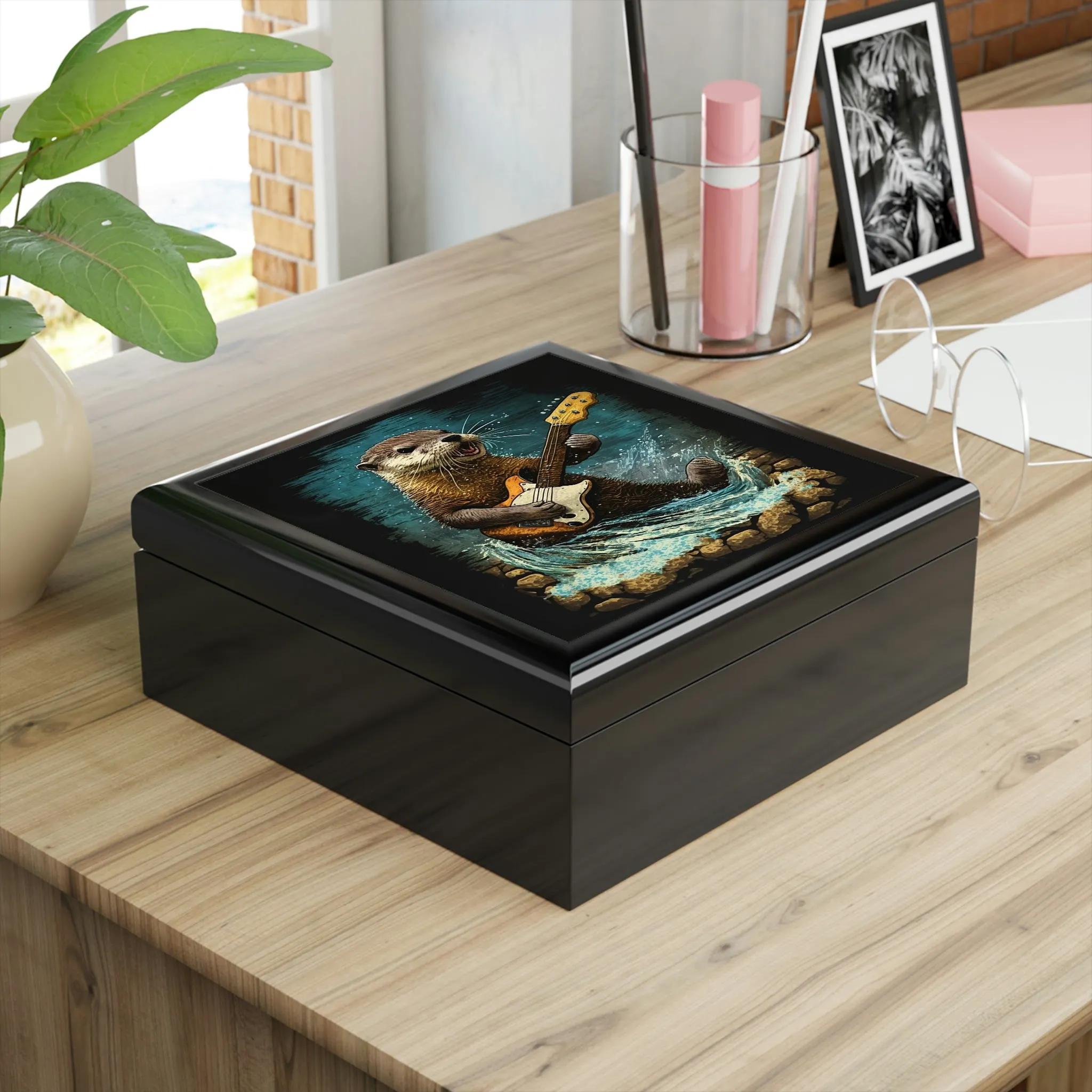 Otter Playing Guitar in Creek Wood Keepsake Jewelry Box with Ceramic Tile Cover