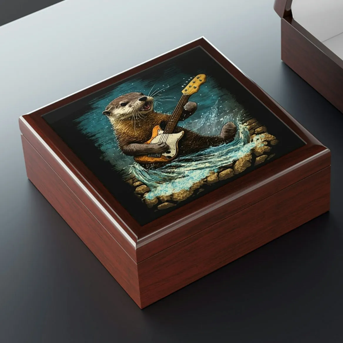 Otter Playing Guitar in Creek Wood Keepsake Jewelry Box with Ceramic Tile Cover