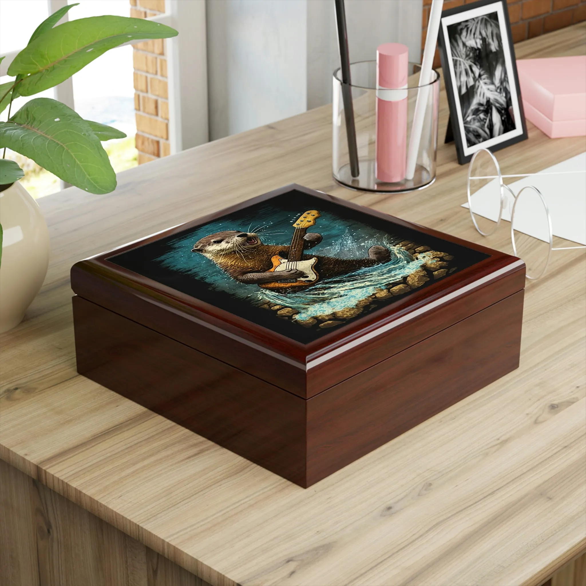 Otter Playing Guitar in Creek Wood Keepsake Jewelry Box with Ceramic Tile Cover