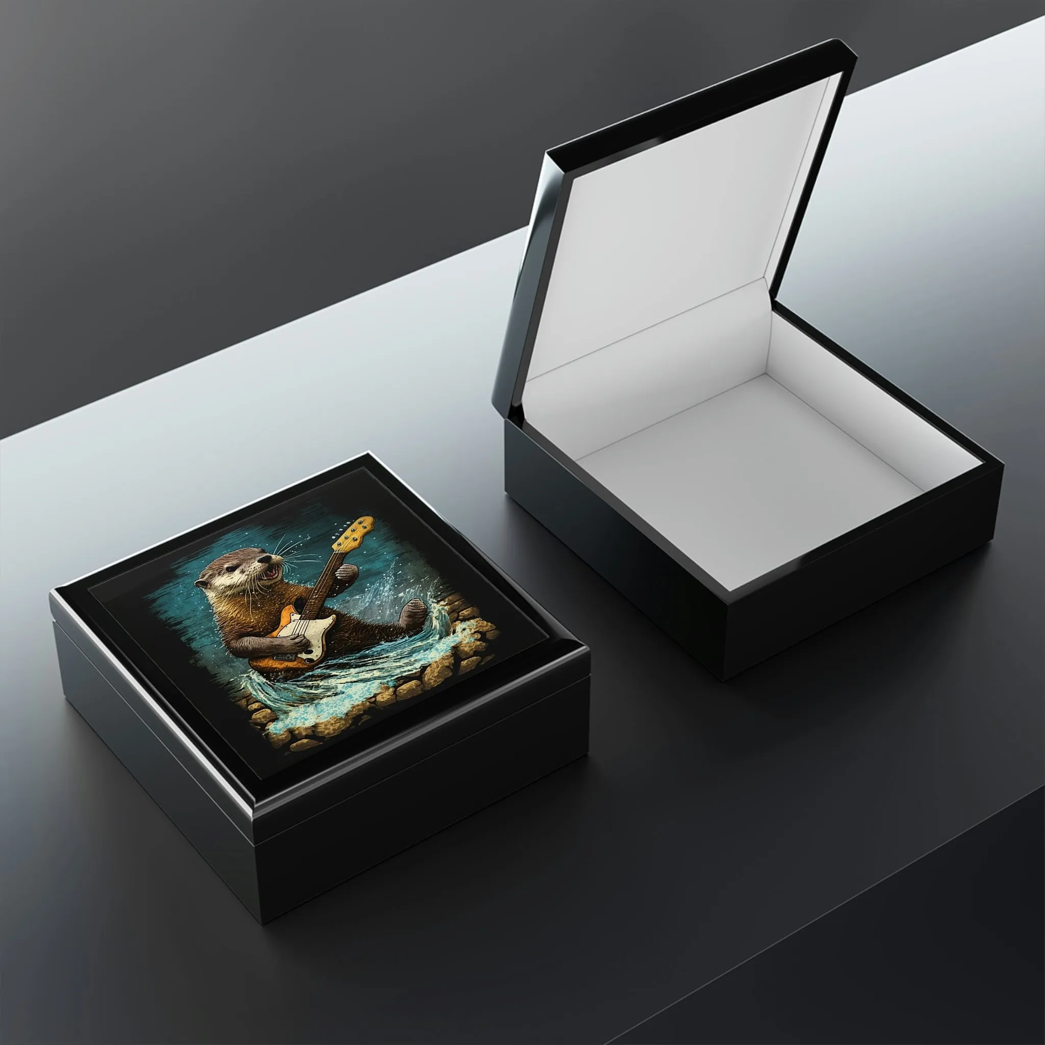 Otter Playing Guitar in Creek Wood Keepsake Jewelry Box with Ceramic Tile Cover