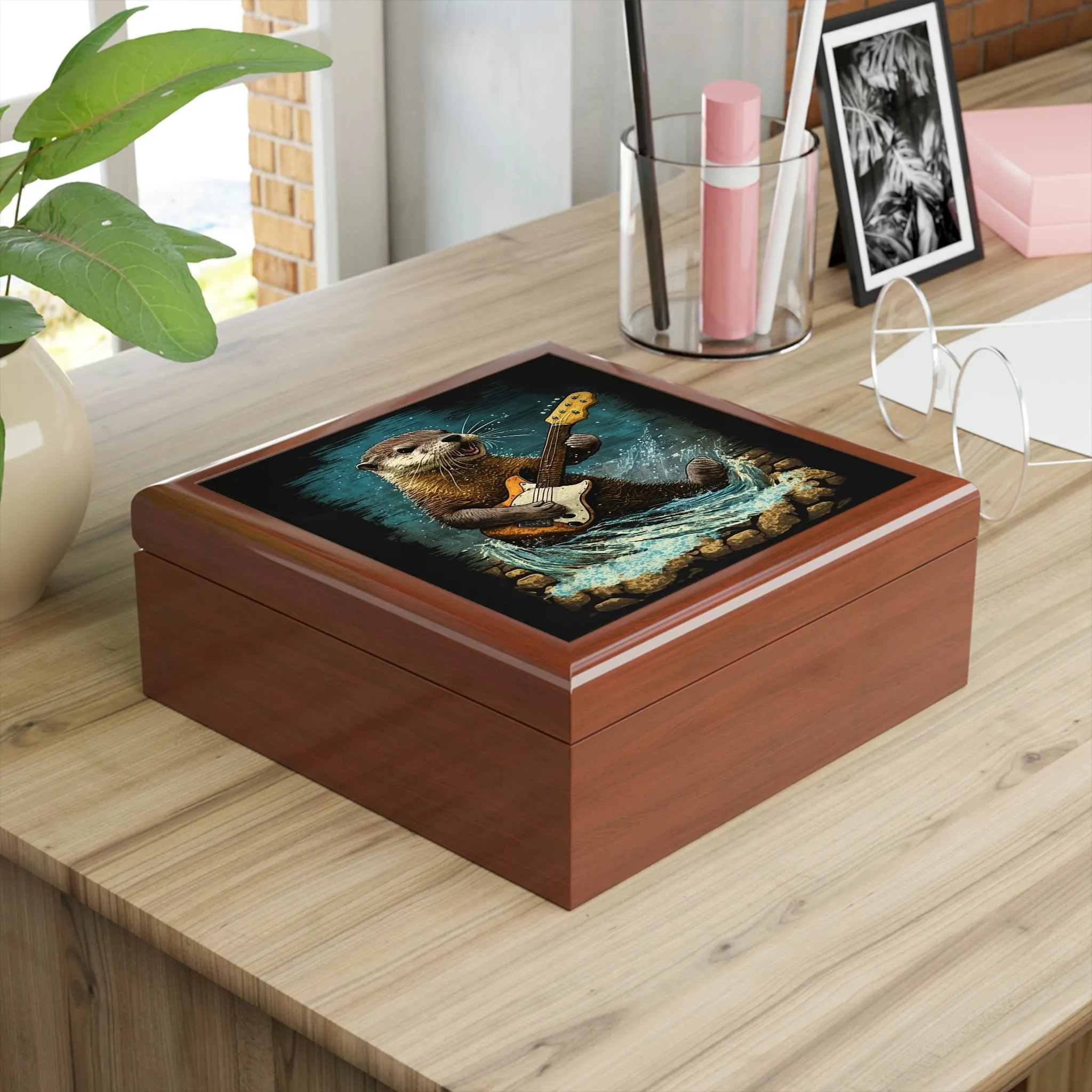 Otter Playing Guitar in Creek Wood Keepsake Jewelry Box with Ceramic Tile Cover