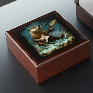 Otter Playing Guitar in Creek Wood Keepsake Jewelry Box with Ceramic Tile Cover