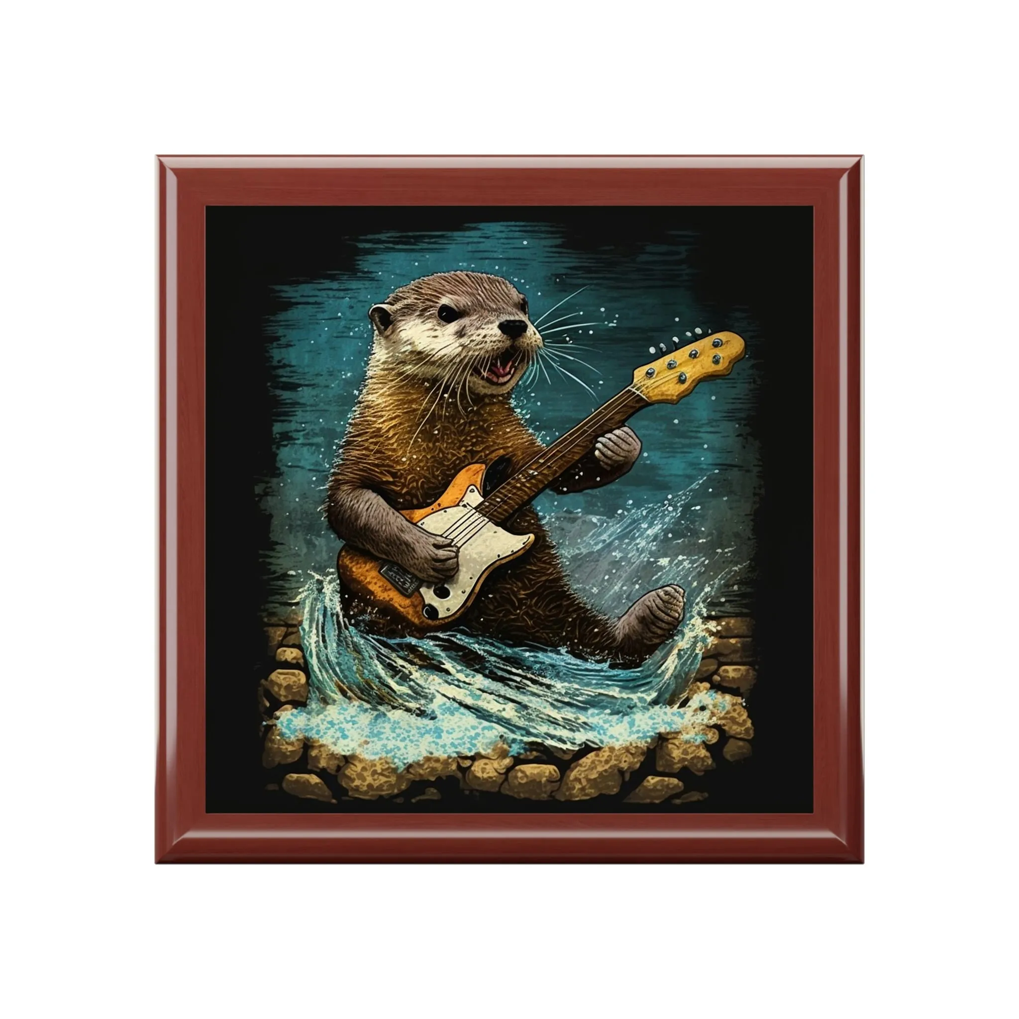 Otter Playing Guitar in Creek Wood Keepsake Jewelry Box with Ceramic Tile Cover