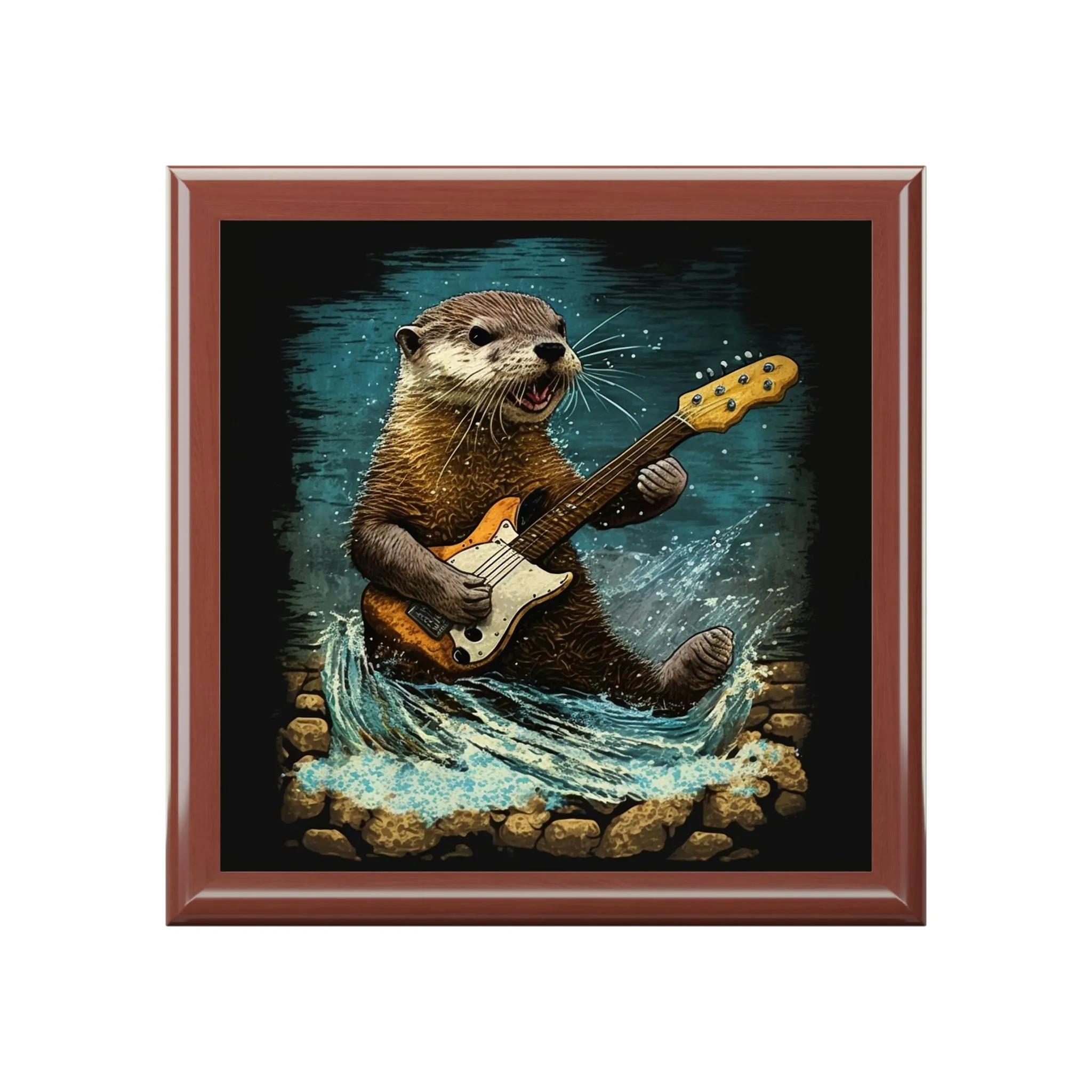 Otter Playing Guitar in Creek Wood Keepsake Jewelry Box with Ceramic Tile Cover