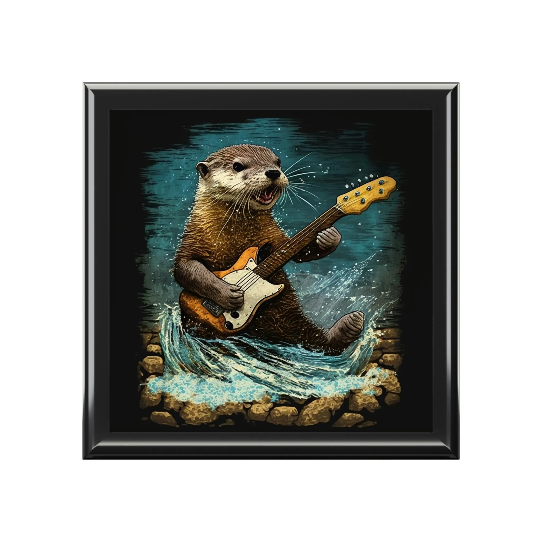 Otter Playing Guitar in Creek Wood Keepsake Jewelry Box with Ceramic Tile Cover
