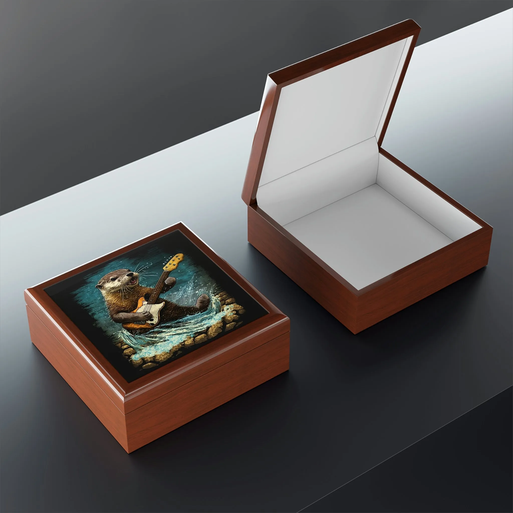 Otter Playing Guitar in Creek Wood Keepsake Jewelry Box with Ceramic Tile Cover