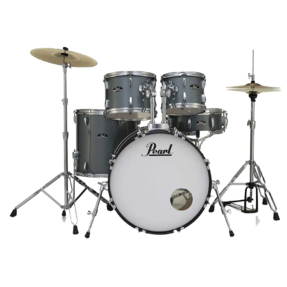 Pearl ROADSHOW CHARCOAL METALLIC 5 Pc Drum Kit (20" kick) w/ Hardware Throne Cymbals (14HH/16CR/20R)